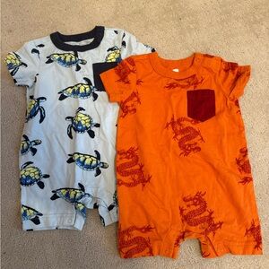 Set of Two Tea Collection Rompers with Turtle and Dragon - sizes 6-9 months